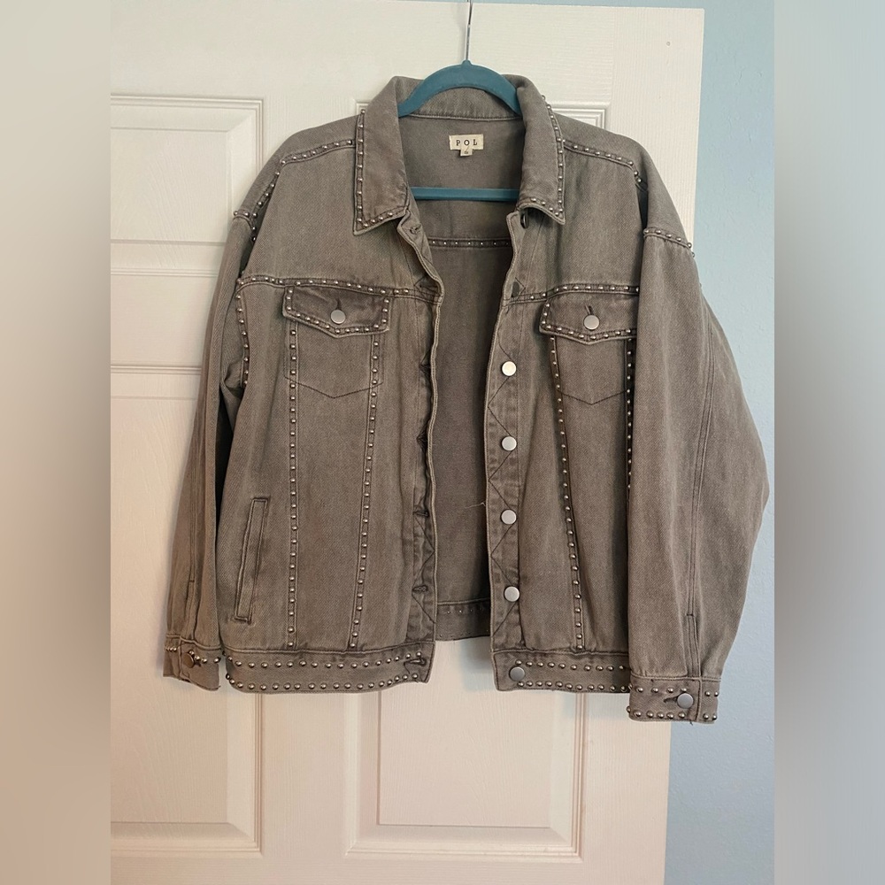 POL rhinestone gray jean jacket